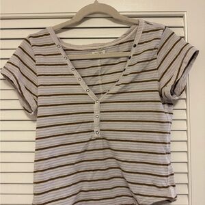 Pilcro White and Brown Striped Short Sleeve Henley Top